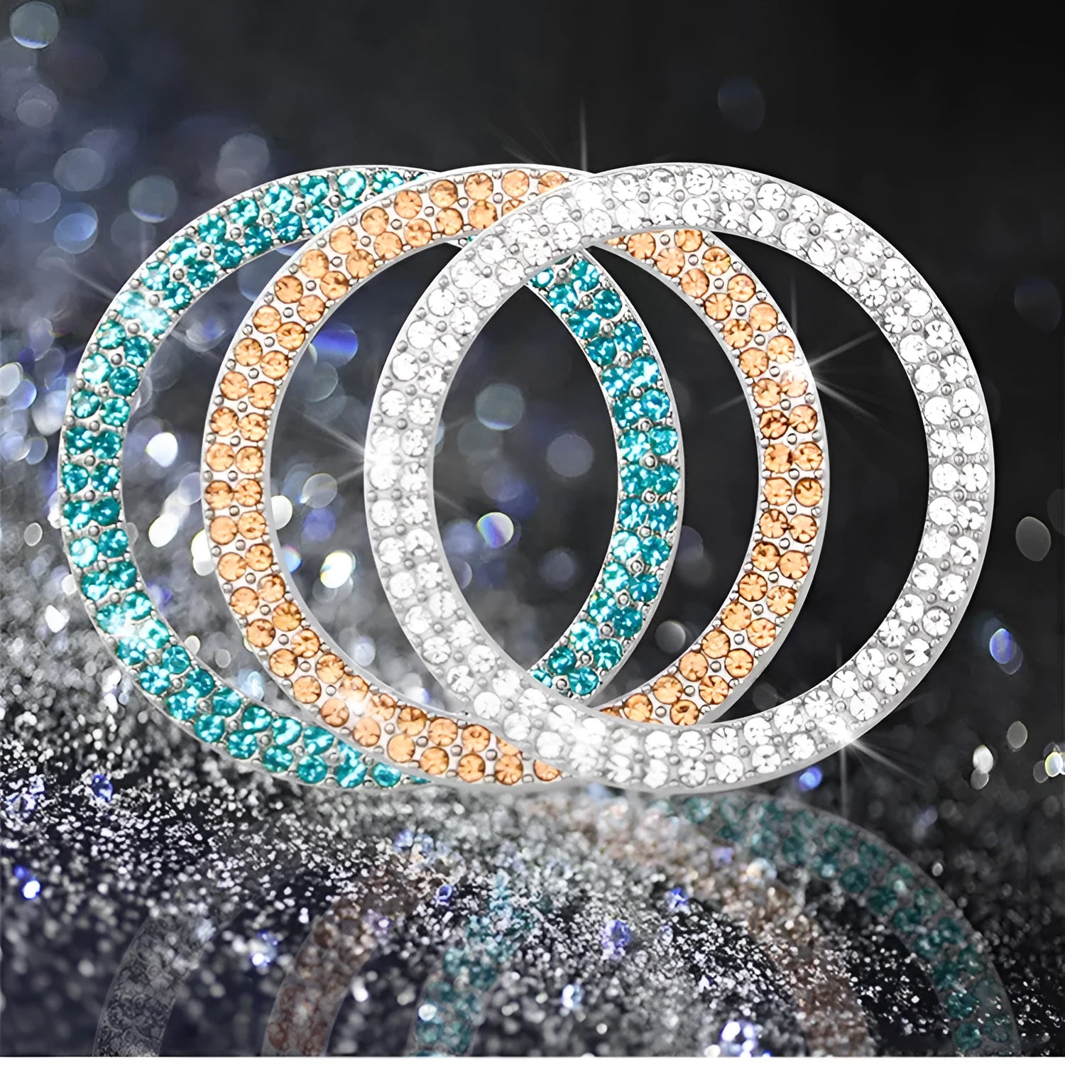 Diamond-encrusted car logo protection ring with rhinestone and alloy finish in black colour
