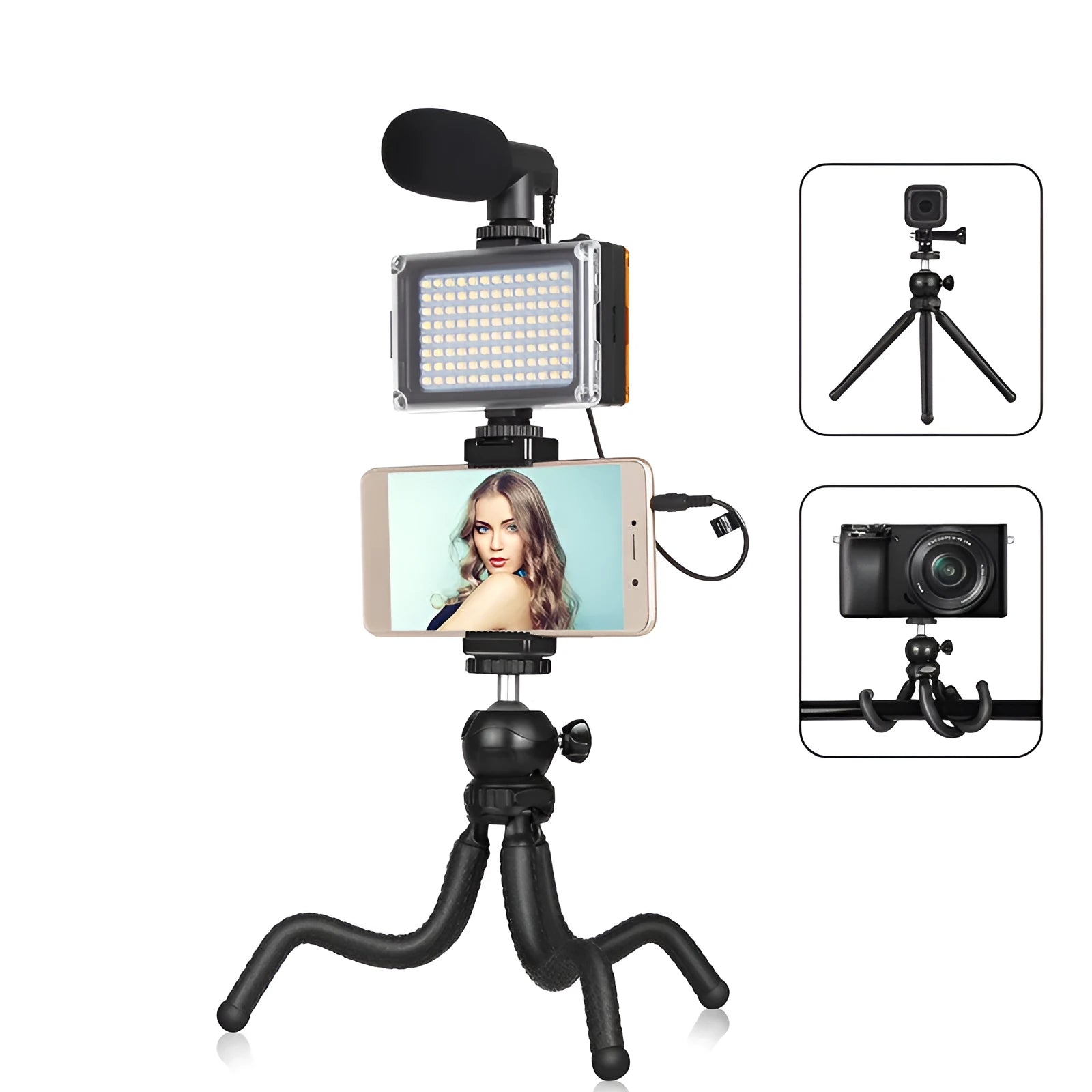Black octopus tripod live broadcast kit with flexible legs, fill light, and microphone for iPhone.