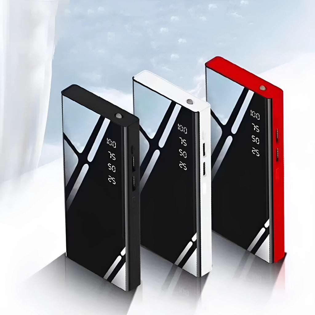 20000mAh LCD display power bank with dual USB ports in black, red, or white