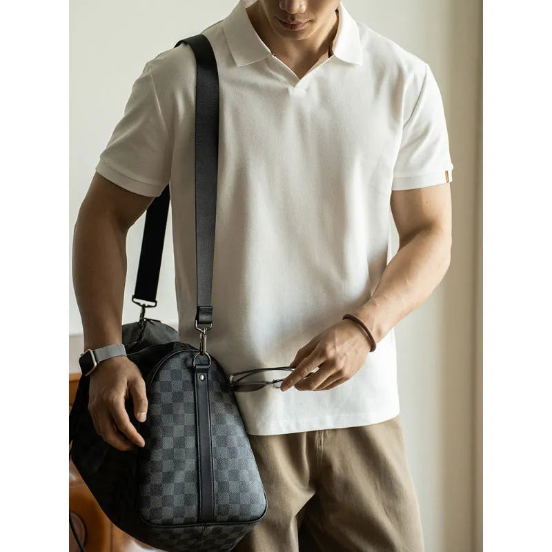 American-style men's short-sleeve polo shirt in blue cotton-polyester fabric