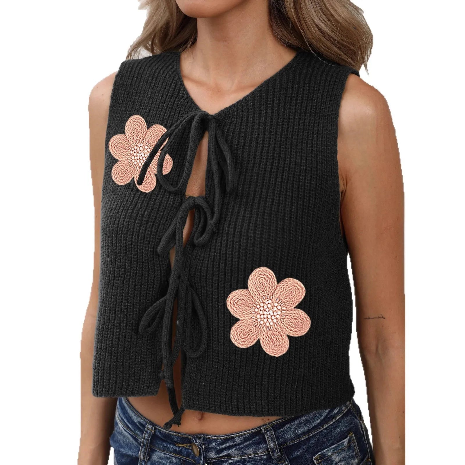 Women's white sleeveless cardigan with lace-up bow front and apricot flower pattern on deer plush fabric.