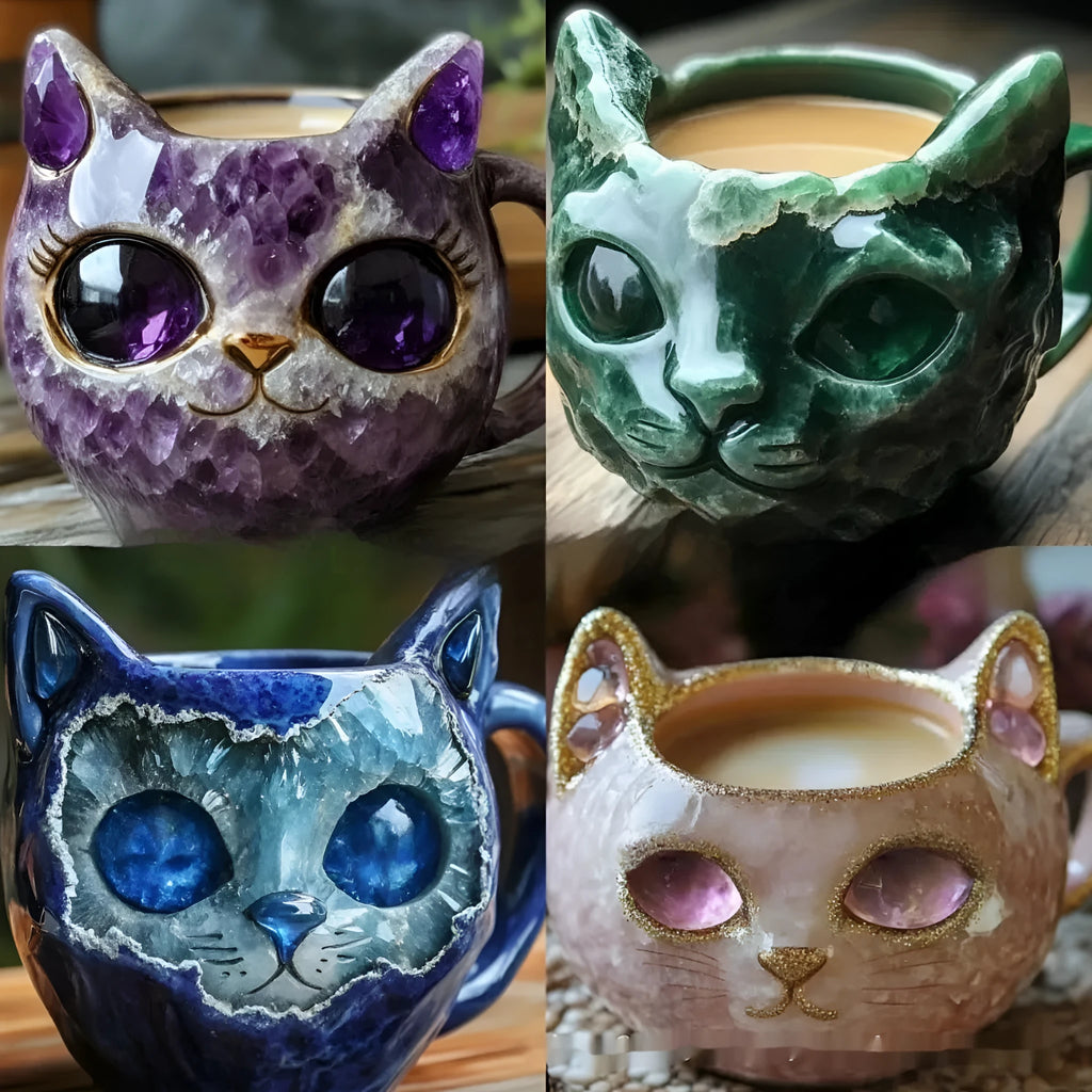 Decorative purple geode mug shaped like a crystal cat cup, showing resin texture and dimensions.
