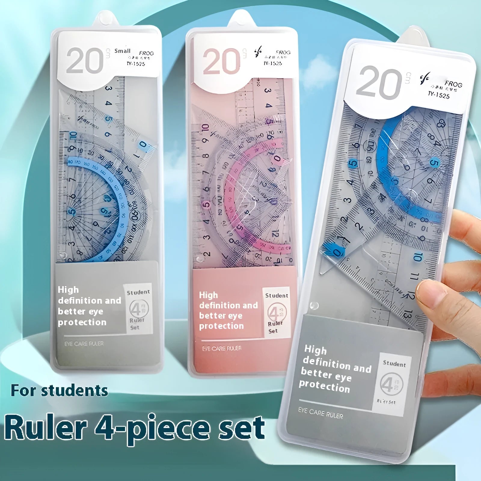Youpai transparent acrylic ruler set with square and protractor on paper