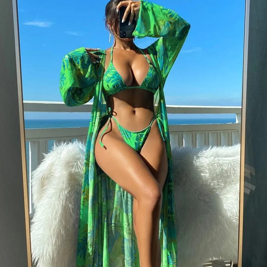 Women's long sleeve blouse and banded bikini set with robe in multiple colour options