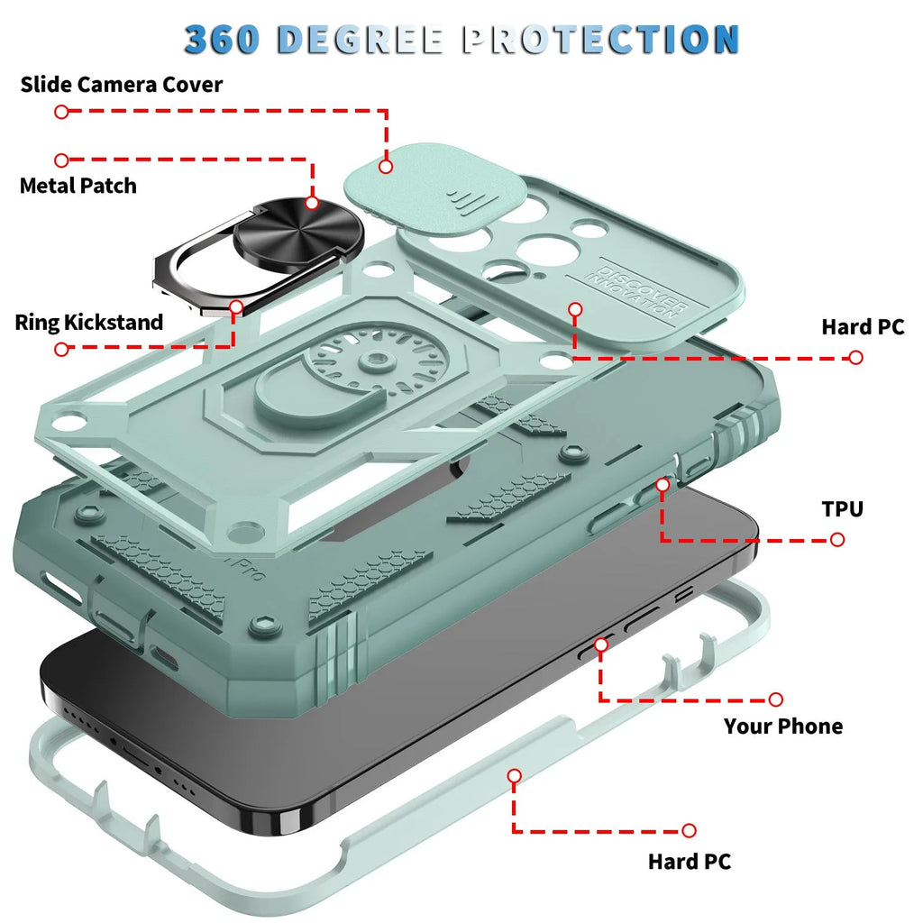 Sergeant sliding window magnetic ring drop-resistant phone case for Apple iPhone, black, rear view showing sliding window and alloy ring