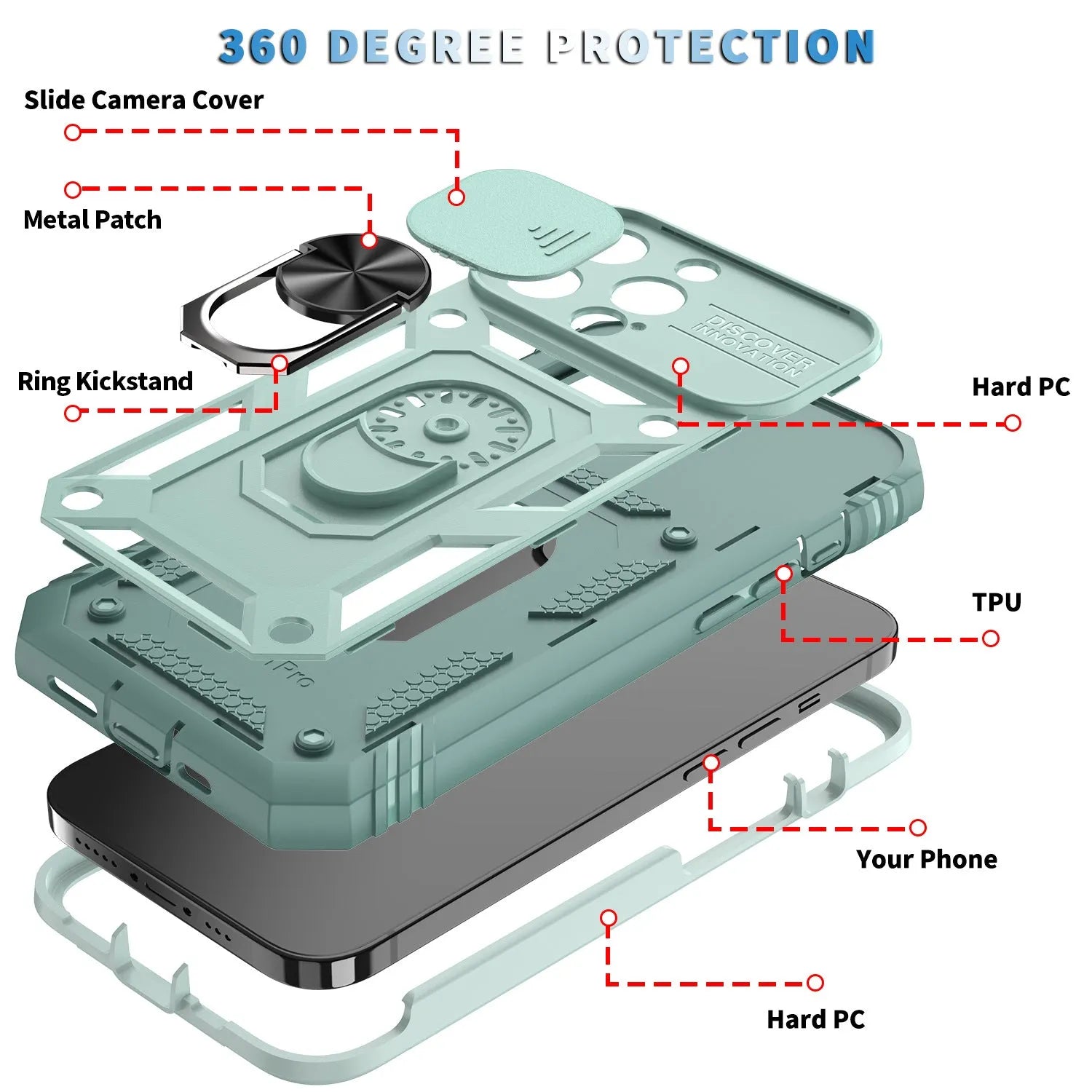 Sergeant sliding window magnetic ring drop-resistant phone case for Apple iPhone, black, rear view showing sliding window and alloy ring
