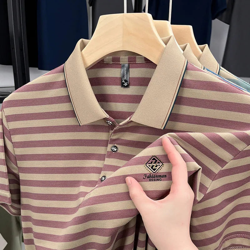 Man wearing a red striped casual short sleeve polyester shirt with a mosaic pattern.