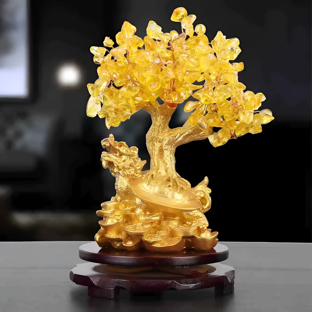 Citrine-coloured resin Feng Shui money tree ornament with small water turtle modelling