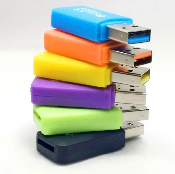 Small white Mini USB TF Card Reader with a USB-A plug and a microSD card slot