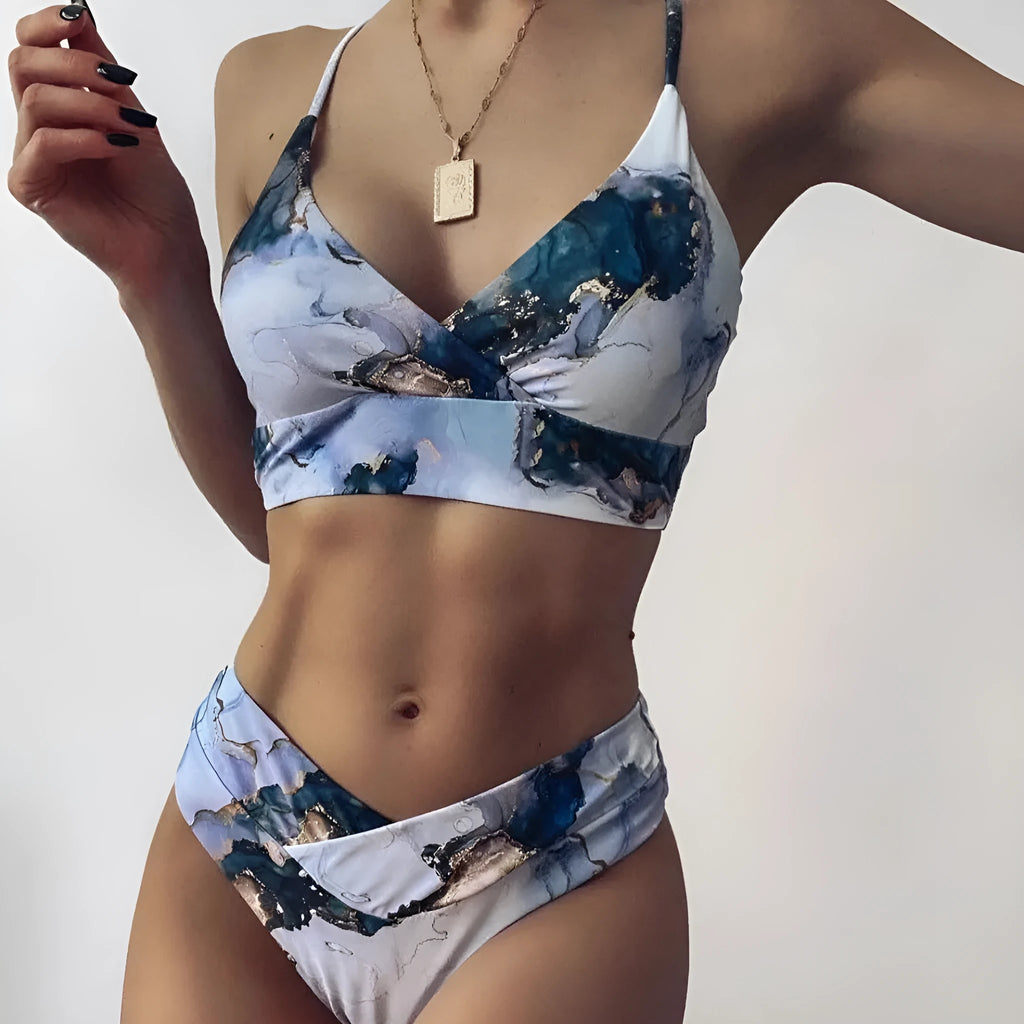 Women's marble tie-dye high waist bikini with U-neck top and conservative briefs