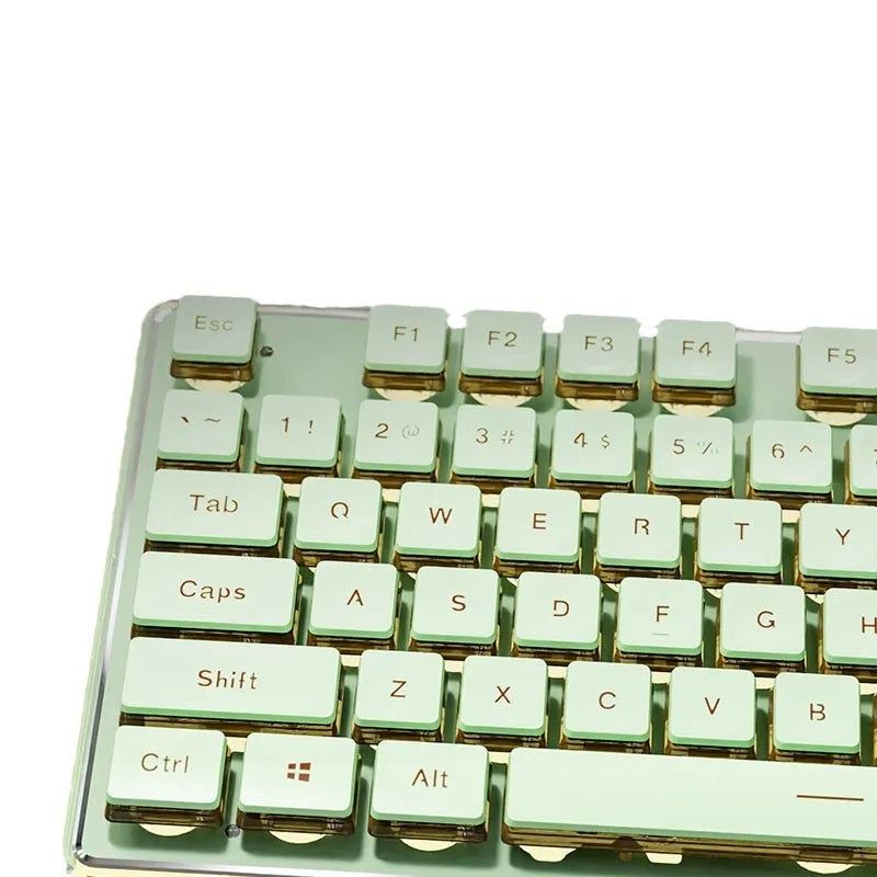 Prewalker V3 mechanical feel keyboard and mouse set in retro green colour on a desk.