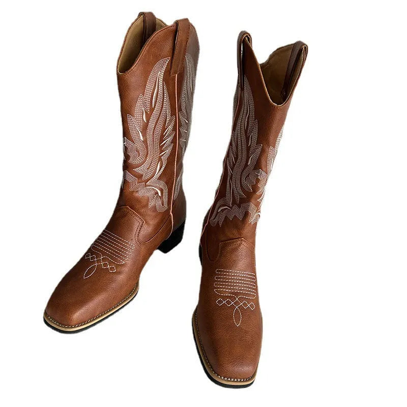 Brown embroidered women's mid-calf Martin boots with a waterproof platform and leather lining.