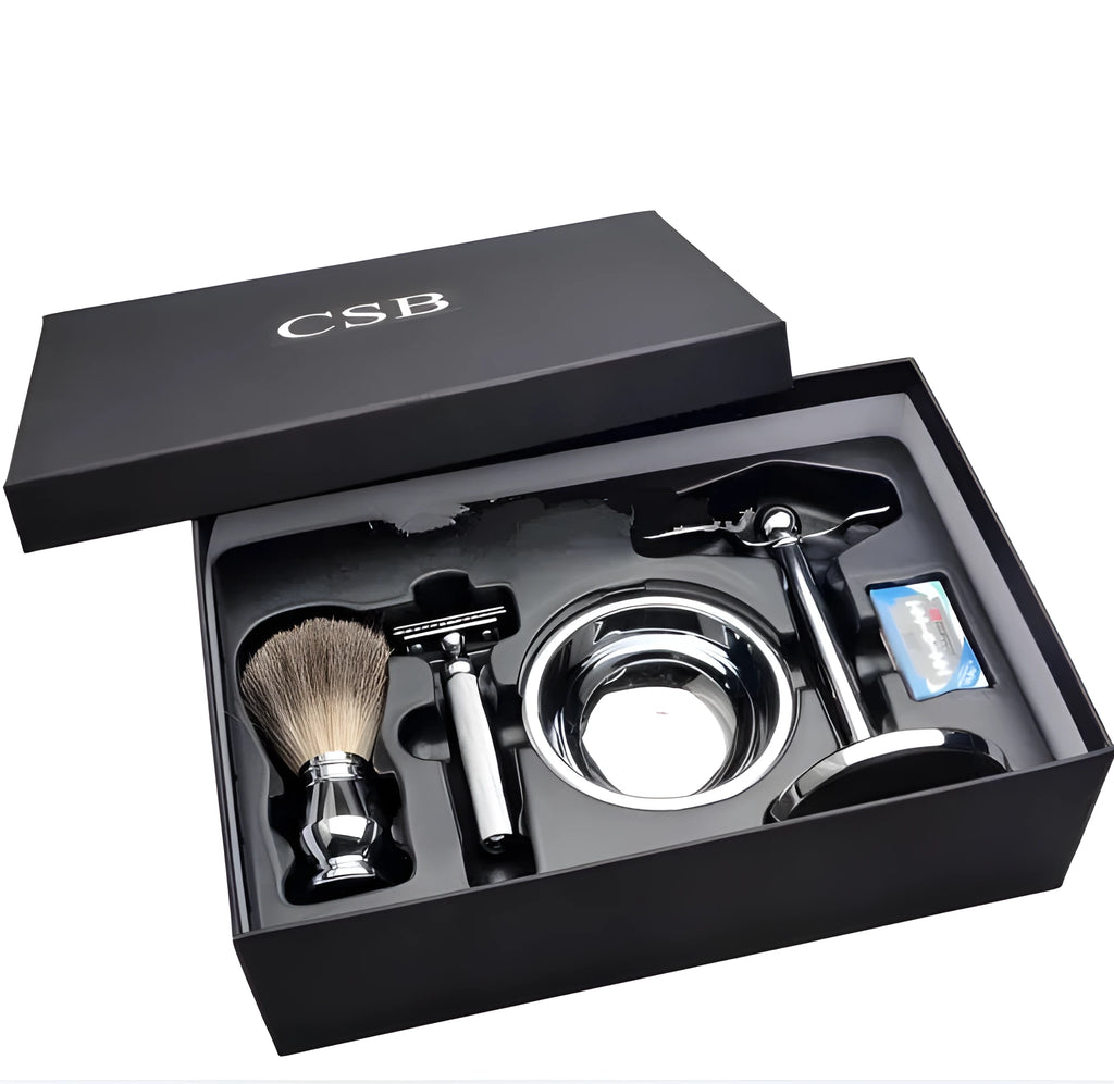 CSB shaving set with badger hair brush, double edge razor, chrome stand, bowl and 10 blades