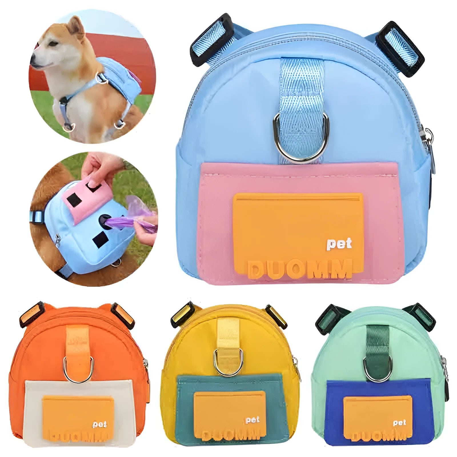 Blue adjustable dog backpack harness with breathable mesh and detachable tow rope on medium-sized dog