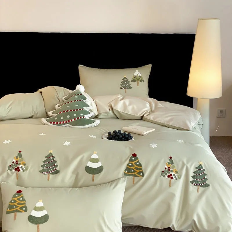 Pure cotton bedding set with Christmas tree embroidery showing duvet cover, sheet and pillowcases