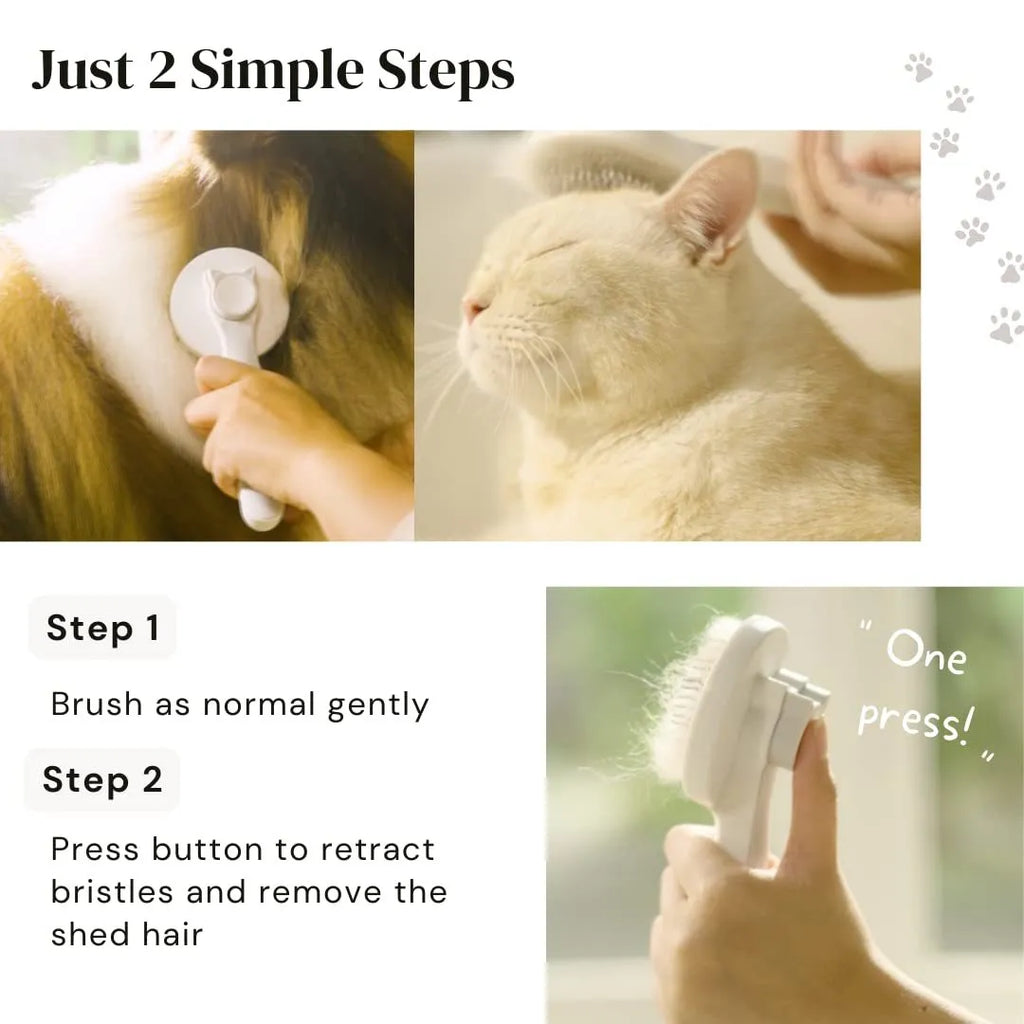 Blue self-cleaning pet grooming slicker brush with ergonomic rubber handle on a table
