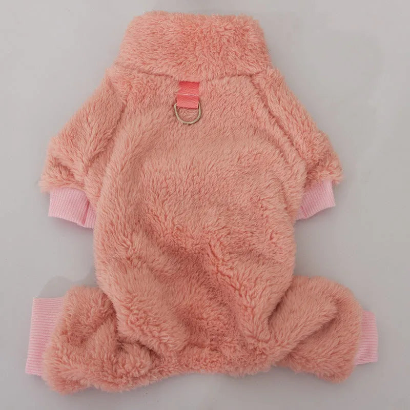 Double-sided thick plush dog clothing with high collar and towing ring in khaki colour