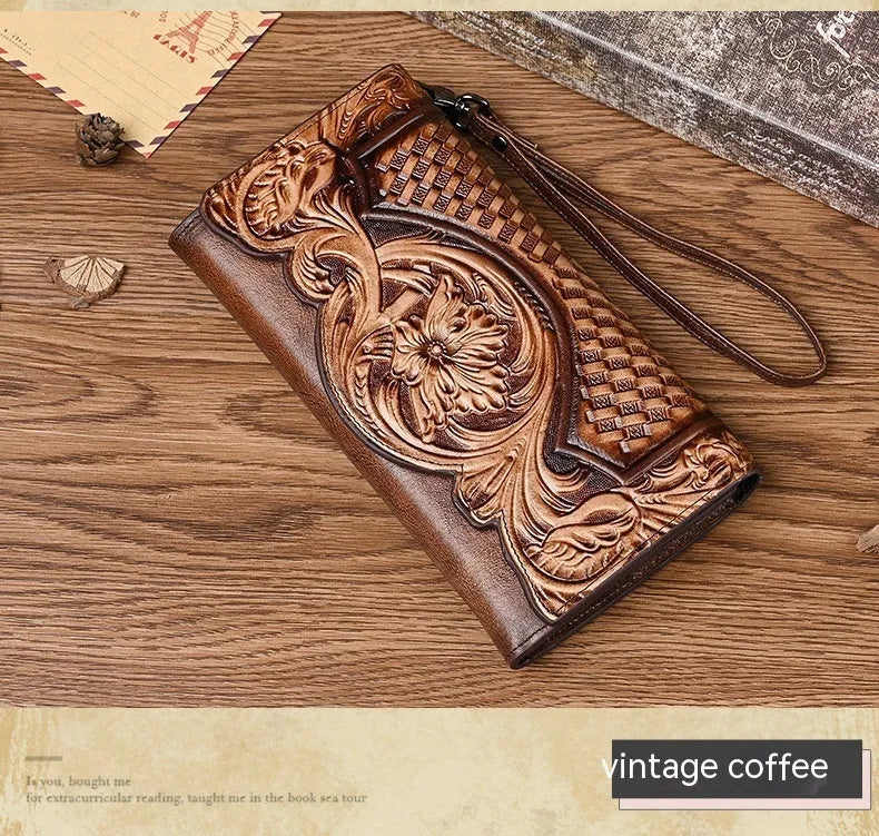 Chinese-style floral embossed women's leather wallet showing tri-fold design in retro brown colour