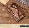 Chinese-style floral embossed women's leather wallet showing tri-fold design in retro brown colour