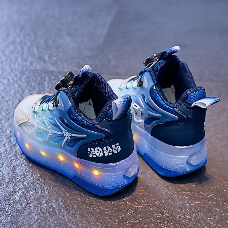 Children's striped roller skating shoes with twist-button adjustment in black, blue, or pink options