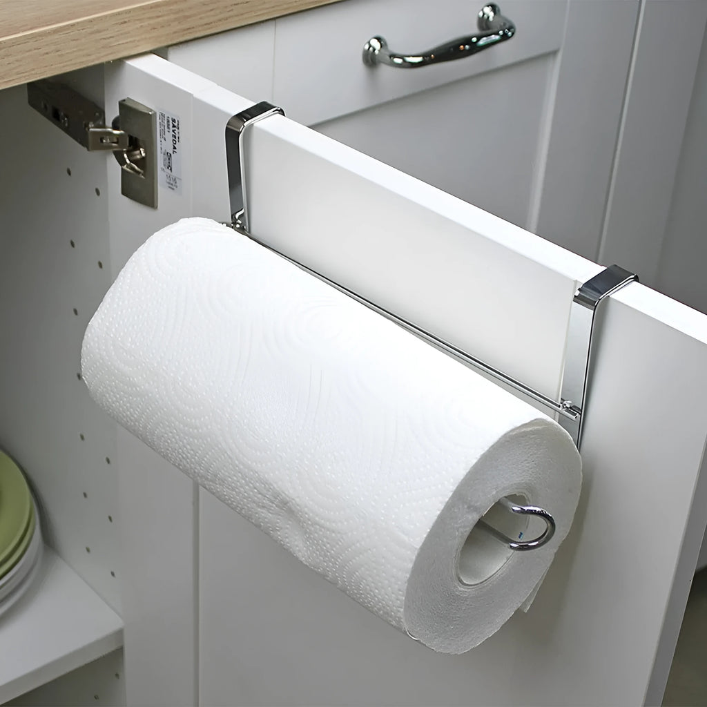 Silver stainless steel towel rack for hanging on the back of a kitchen cabinet door