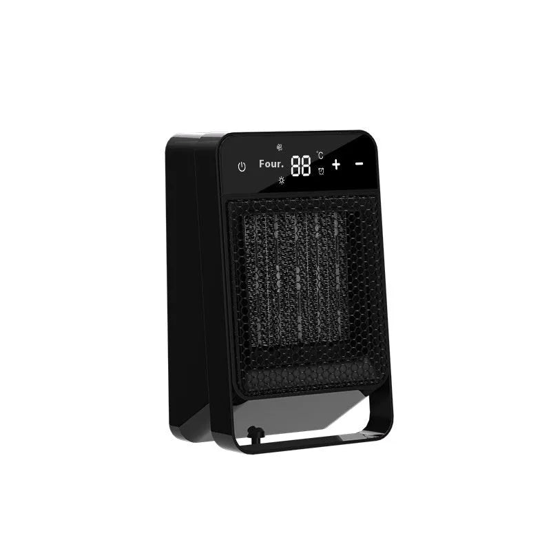 Black desktop electric heater with digital touch screen display and remote control on wooden desk