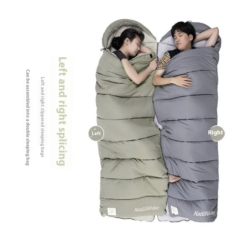 Double-person spliced camping sleeping bag in rock gray with envelope style and down cotton filling