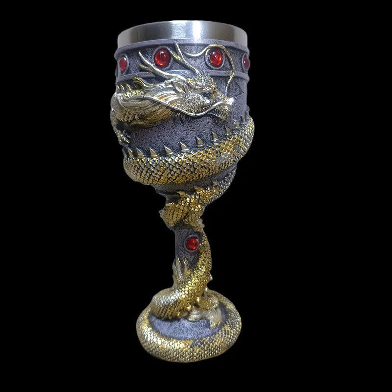Red or gold stainless steel wine glass with a raised 3D dragon design and 200ml capacity.