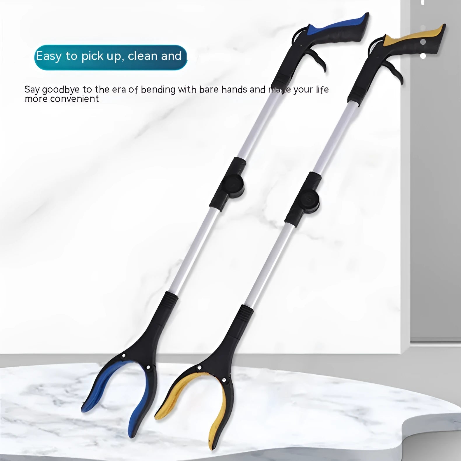 Foldable aluminium rubbish clamp with magnet, shown extended to 80cm and folded to 42cm with blue handle