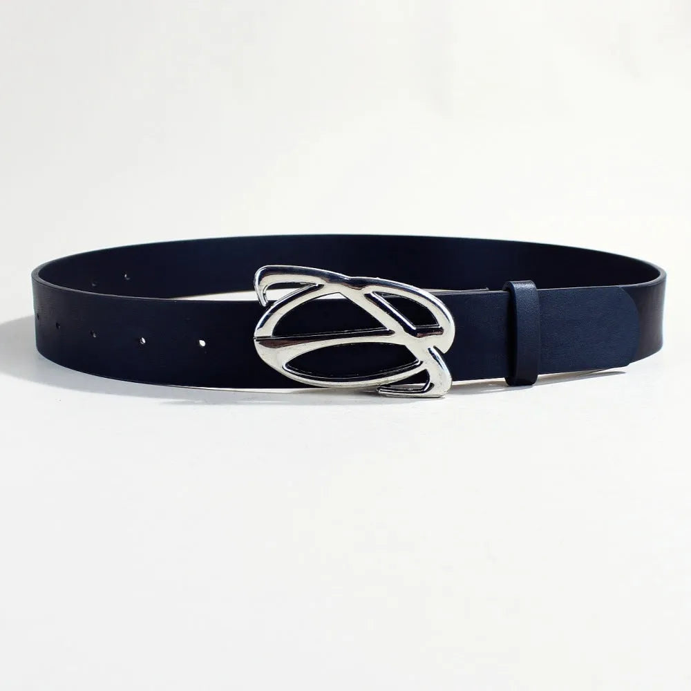 Casual silver buckle belt with snap button closure on PU leather strap