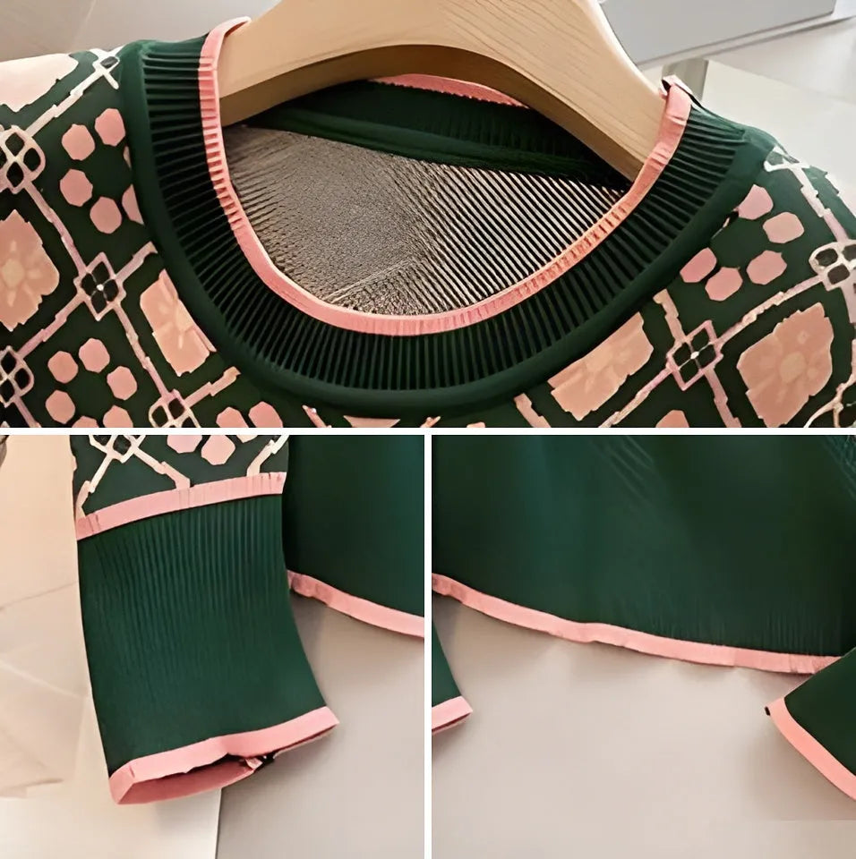 Green printed women's sweater with loose fit and regular sleeves for casual wear