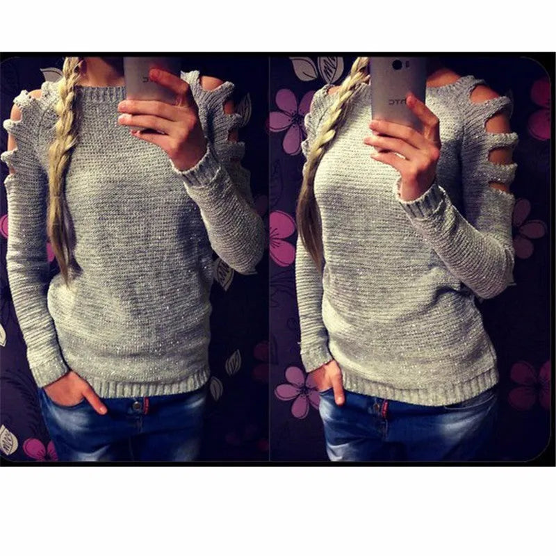 Women's white crocheted hollow-out jumper with round neck and long sleeves