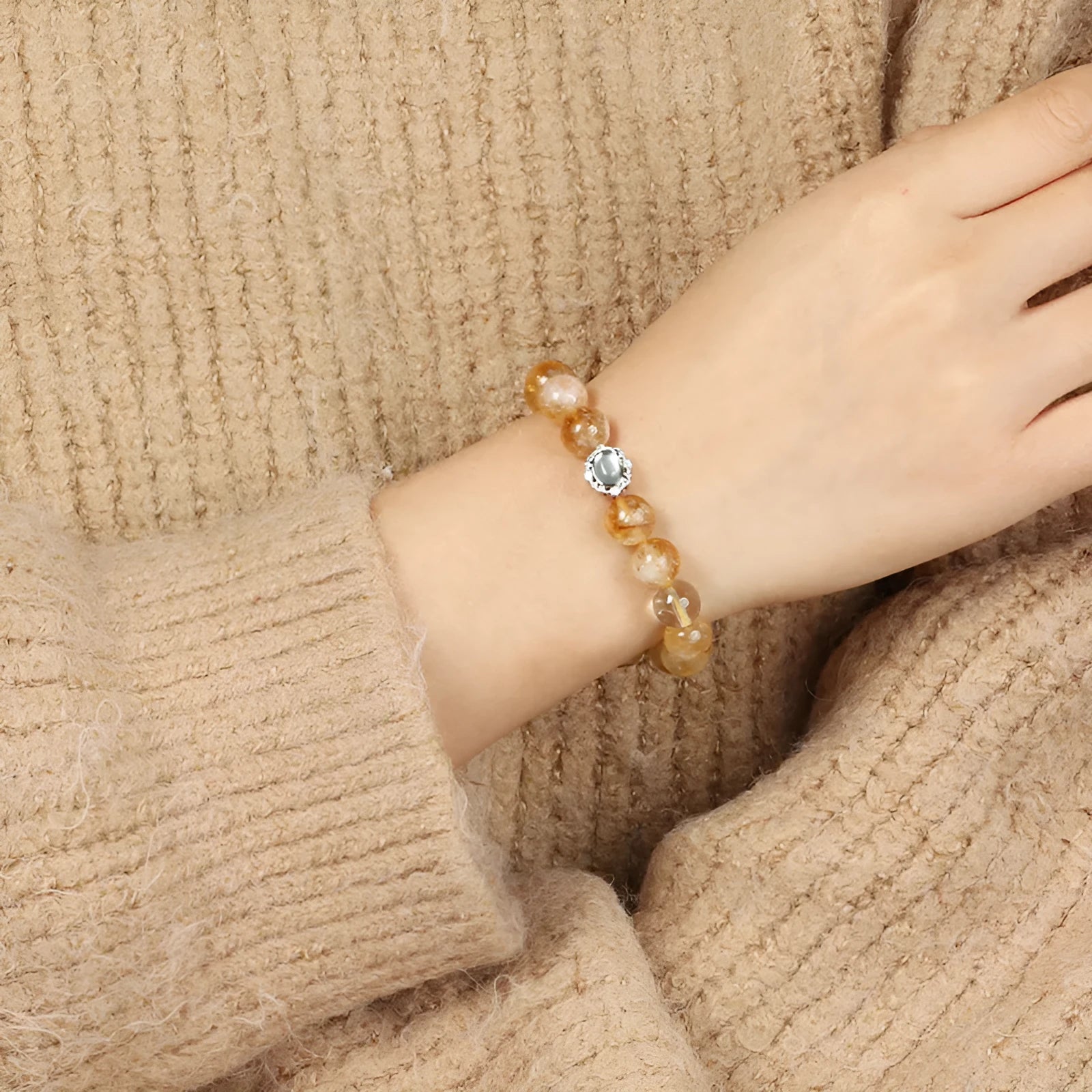 Geometric citrine crystal bracelet with 10mm beads in unisex affordable luxury style