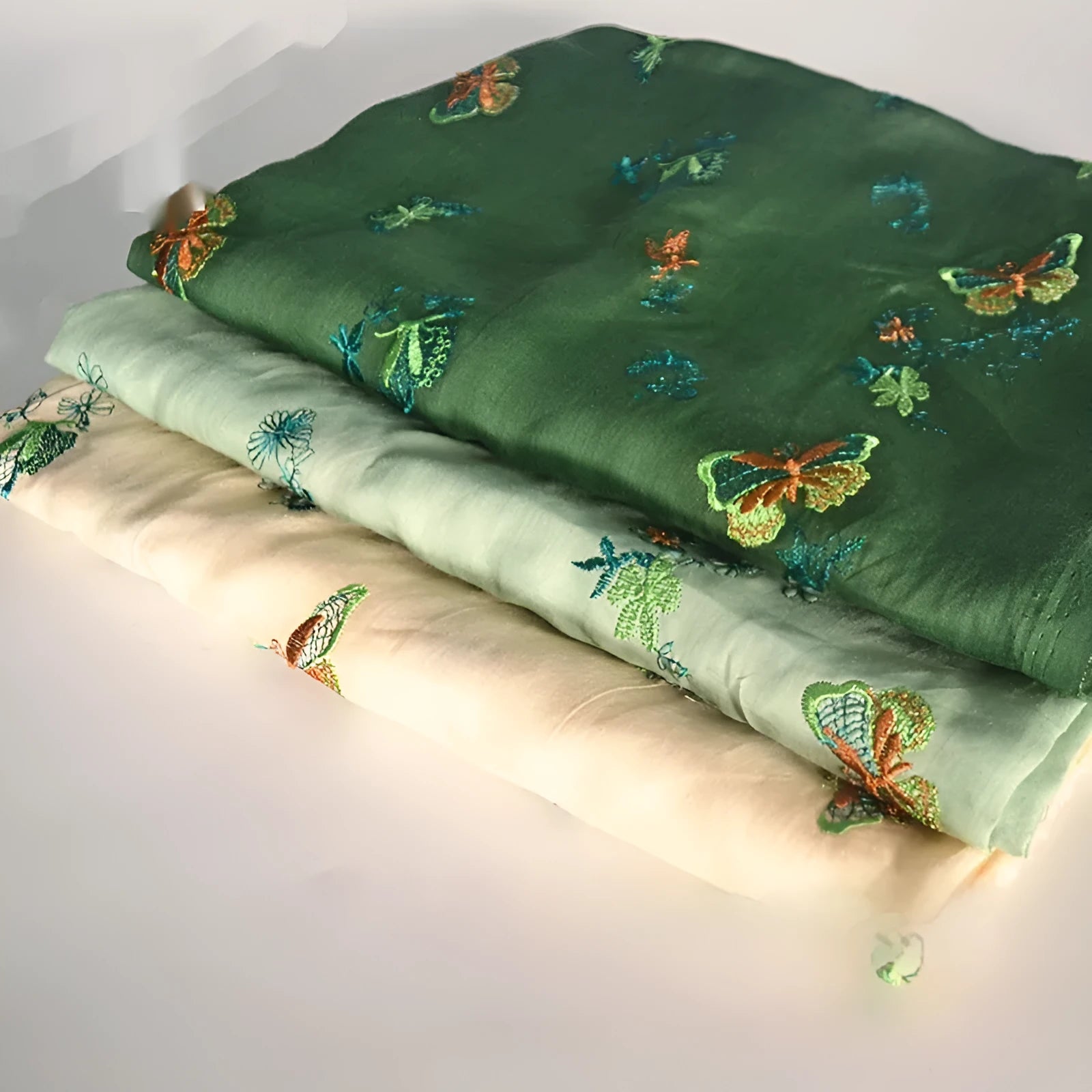 Pure ramie fabric for Hanfu, shown in beige, grass green and dark green, 140cm wide.