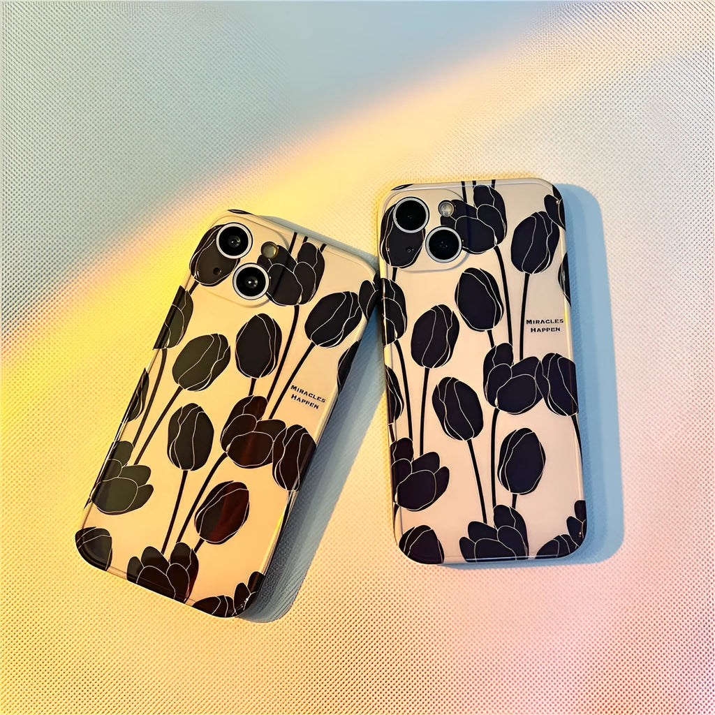 Black tulip patterned silicone phone case for Apple iPhone models on white background