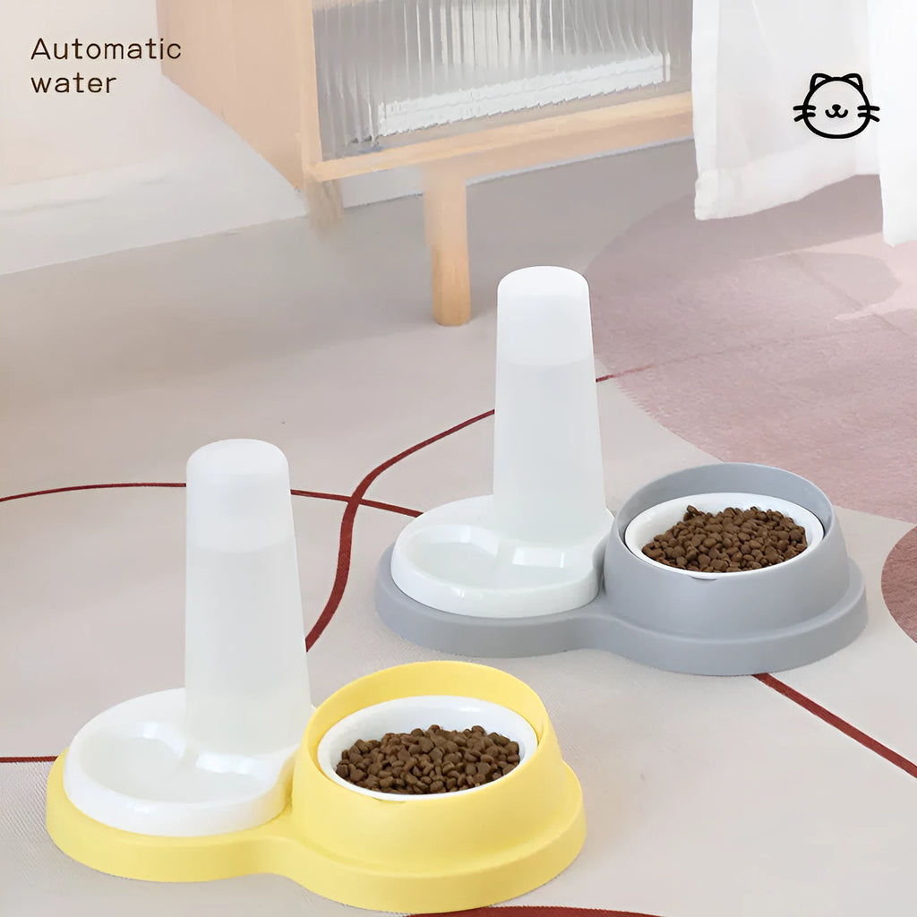 Grey and yellow PP material pet dual bowl feeder with ceramic food bowl and automatic water