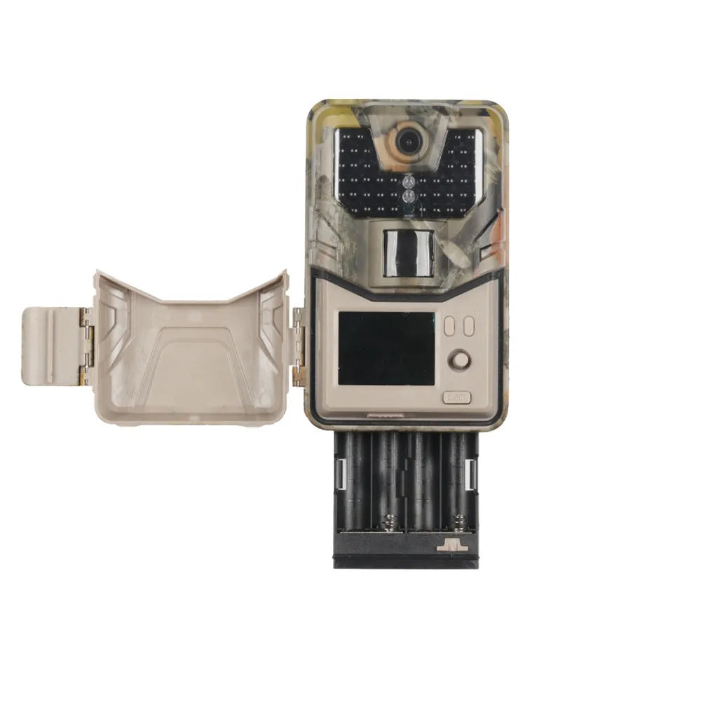 Compact camouflage outdoor hunting camera with infrared LEDs and lens