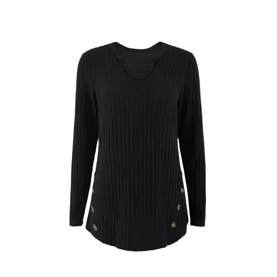 Solid colour casual knitted pullover sweater with a button detail on a hanger.