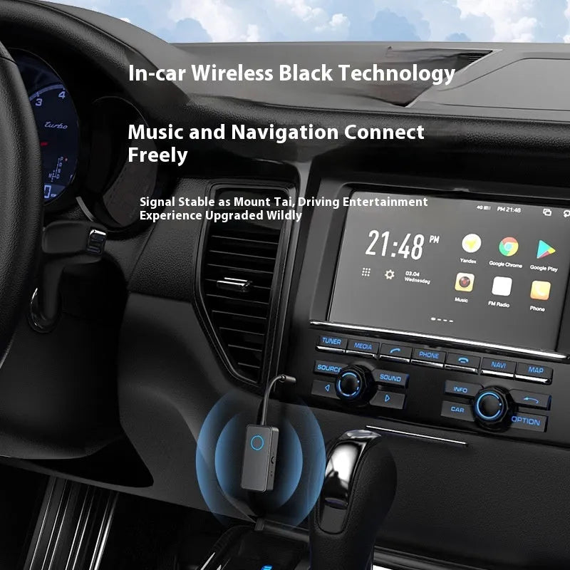 Black Bluetooth 5.4 audio adapter with 3.5mm plug for wireless connection to car stereos and speakers