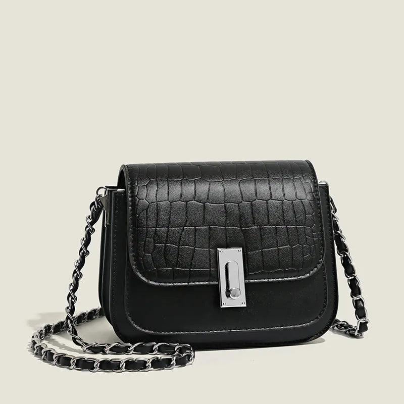 Women's black PU leather chain shoulder bag with phone compartment and crossbody strap