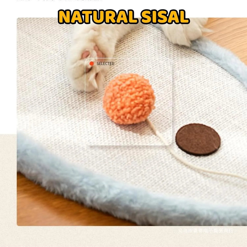 White cat scratching mat with sleeping cat pattern design mounted on wall