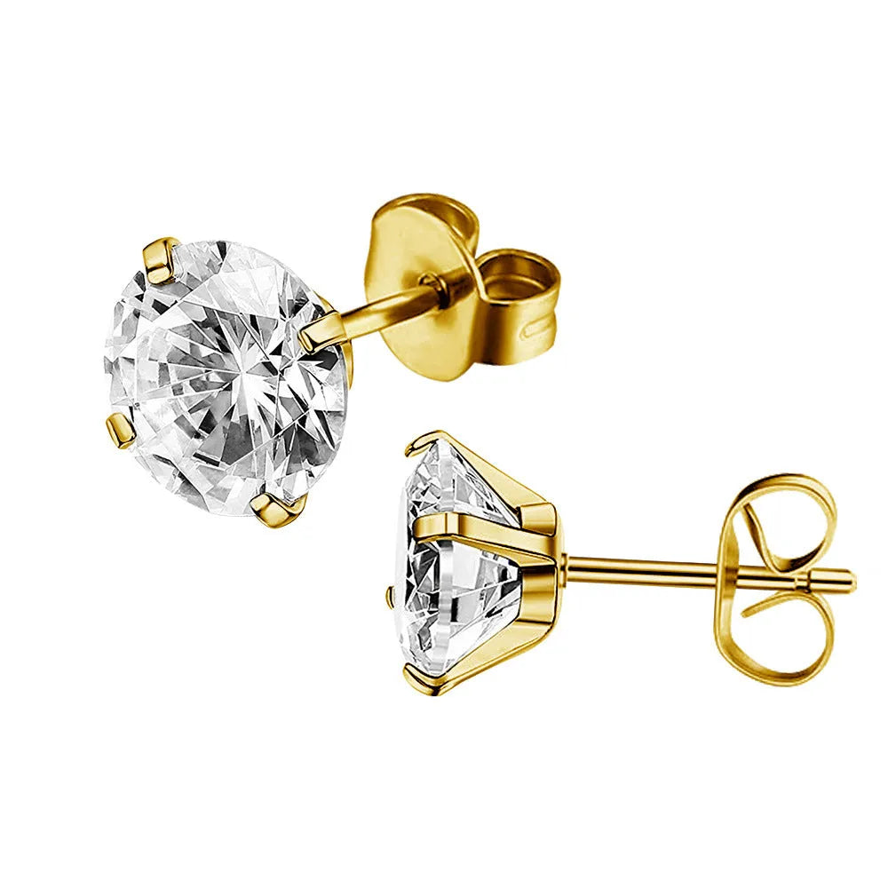 Square geometric stainless steel stud earrings with a single round zircon stone in gold or steel colour.