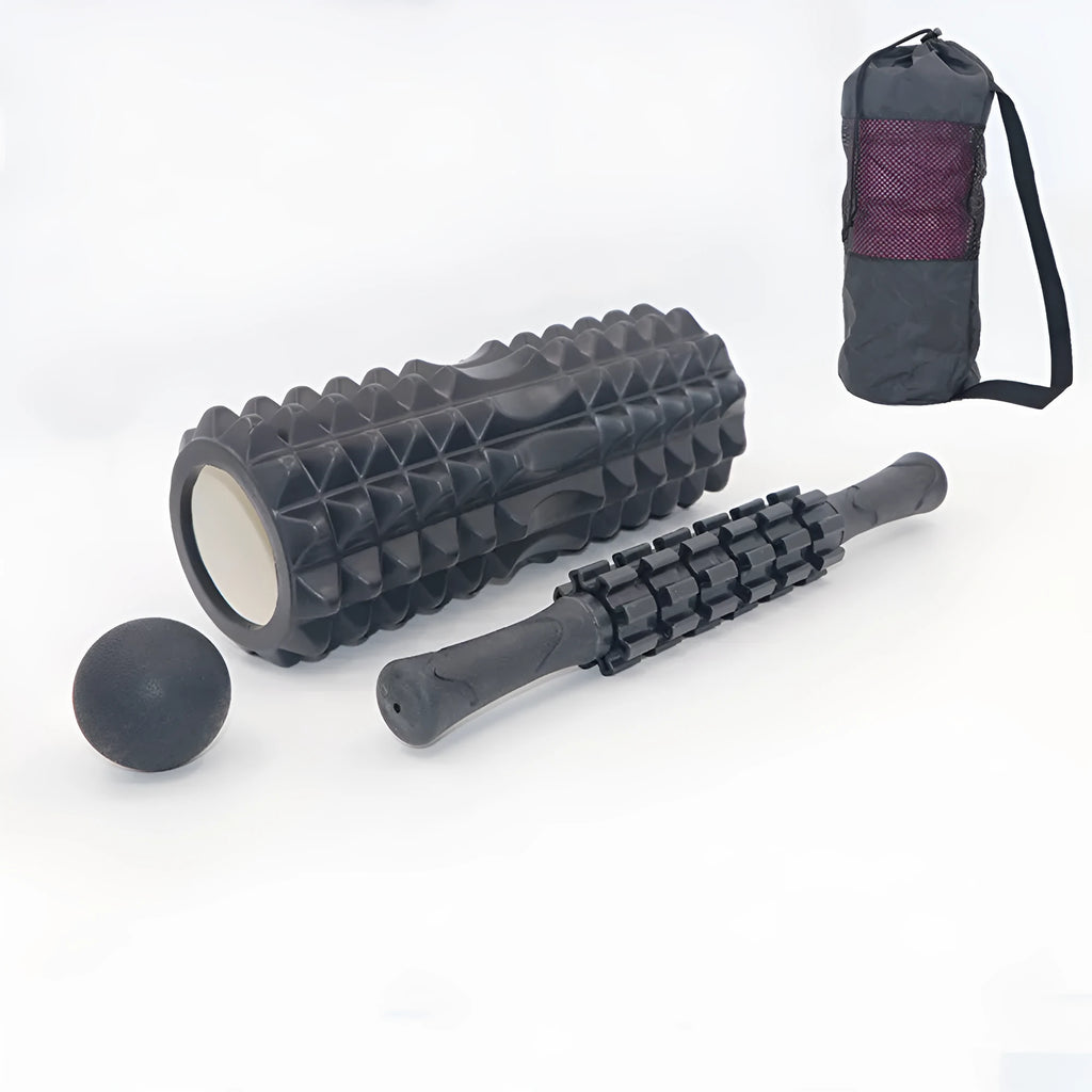 Black six-piece gear design fitness foam roller measuring 33cm length for muscle massage therapy