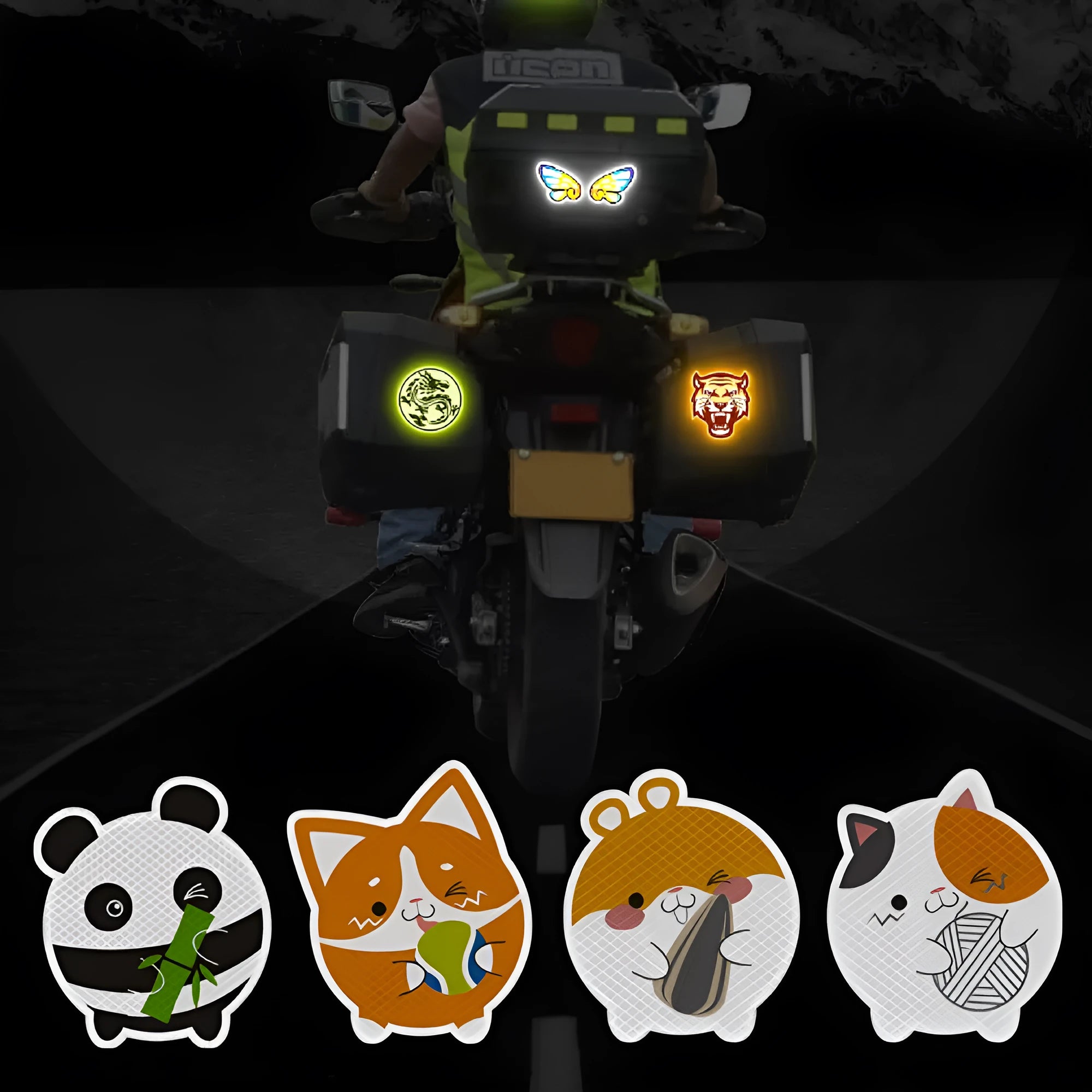 A pair of diamond reflective film warning stickers for vehicles, measuring 9 by 5 centimetres, showing assorted design options.