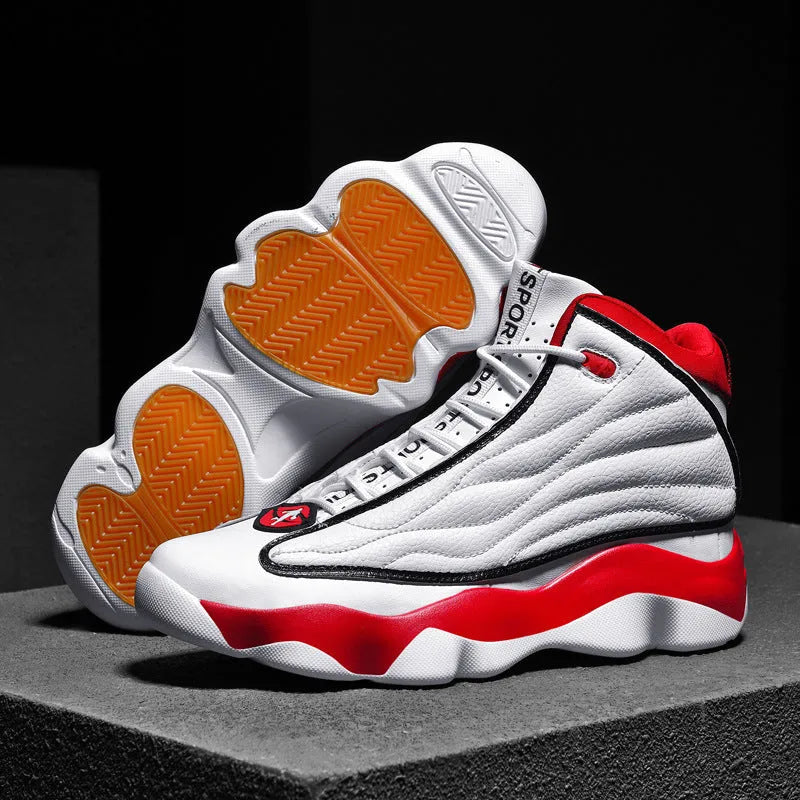 Men's high-top basketball shoes in AJ13 colourways with mesh upper and rubber sole.