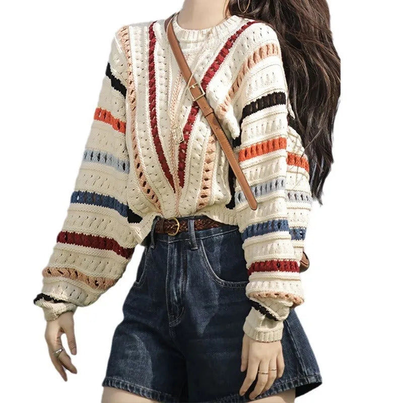 Women's retro rainbow striped sweater with batwing sleeves in loose fit casual style