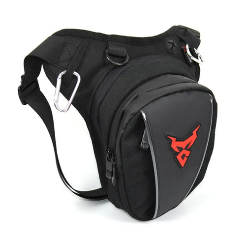 0105MC motorcycle leg bag in 1200D Oxford cloth shown in red, blue, green, and grey colour options