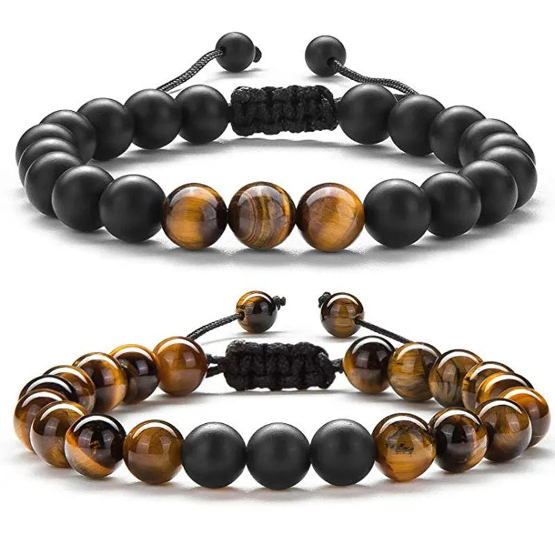 Matte black agate couple bracelets with geometric beads on wrist