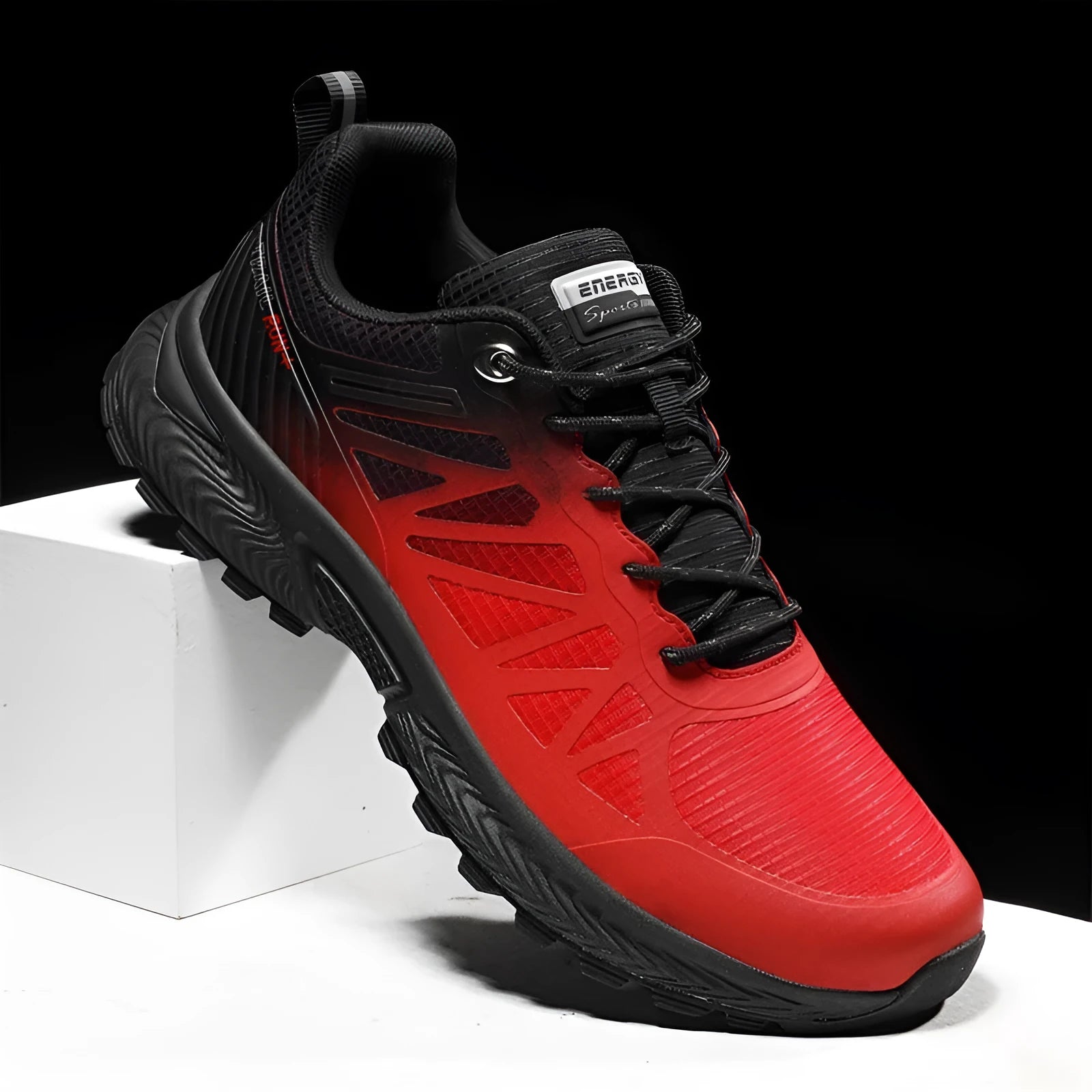Men's plus size outdoor running shoes in black with breathable mesh upper and lace-up front.