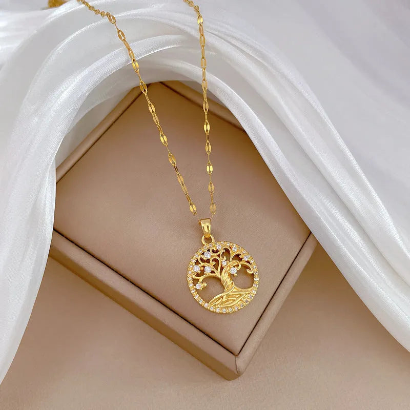 Gold-plated adjustable necklace with micro-inlaid rhinestone zircon lucky tree tree pendant